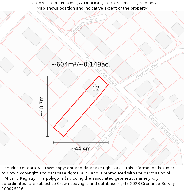 12, CAMEL GREEN ROAD, ALDERHOLT, FORDINGBRIDGE, SP6 3AN: Plot and title map