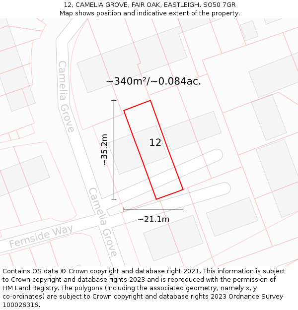 12, CAMELIA GROVE, FAIR OAK, EASTLEIGH, SO50 7GR: Plot and title map