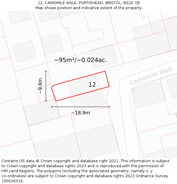 12, CAMOMILE WALK, PORTISHEAD, BRISTOL, BS20 7JP: Plot and title map