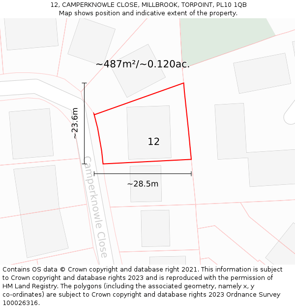12, CAMPERKNOWLE CLOSE, MILLBROOK, TORPOINT, PL10 1QB: Plot and title map