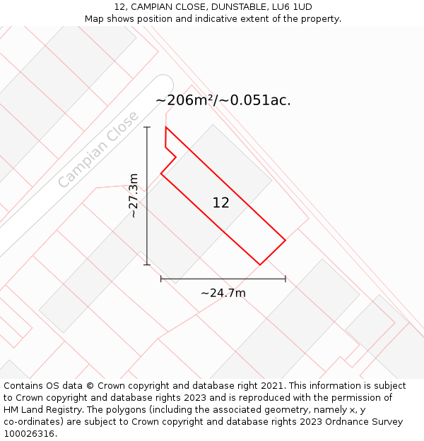 12, CAMPIAN CLOSE, DUNSTABLE, LU6 1UD: Plot and title map