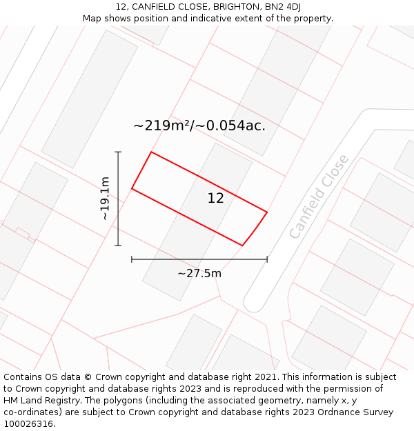 12, CANFIELD CLOSE, BRIGHTON, BN2 4DJ: Plot and title map