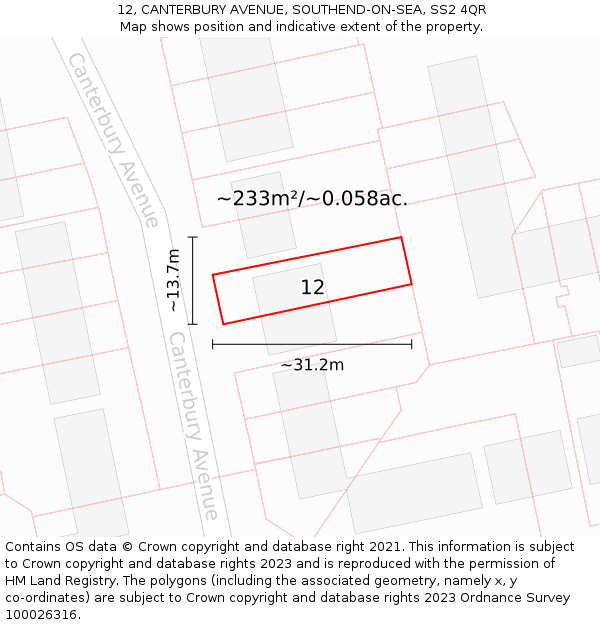 12, CANTERBURY AVENUE, SOUTHEND-ON-SEA, SS2 4QR: Plot and title map