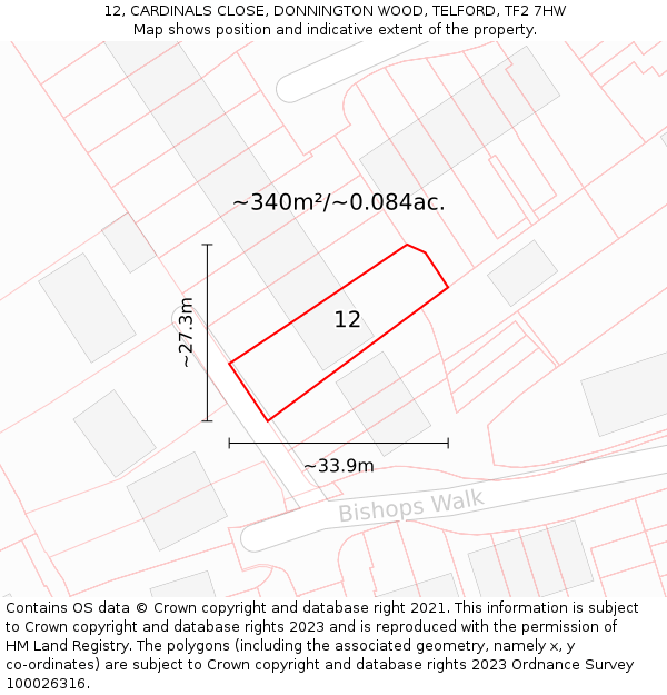 12, CARDINALS CLOSE, DONNINGTON WOOD, TELFORD, TF2 7HW: Plot and title map