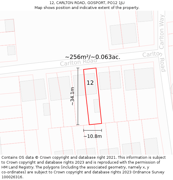 12, CARLTON ROAD, GOSPORT, PO12 1JU: Plot and title map