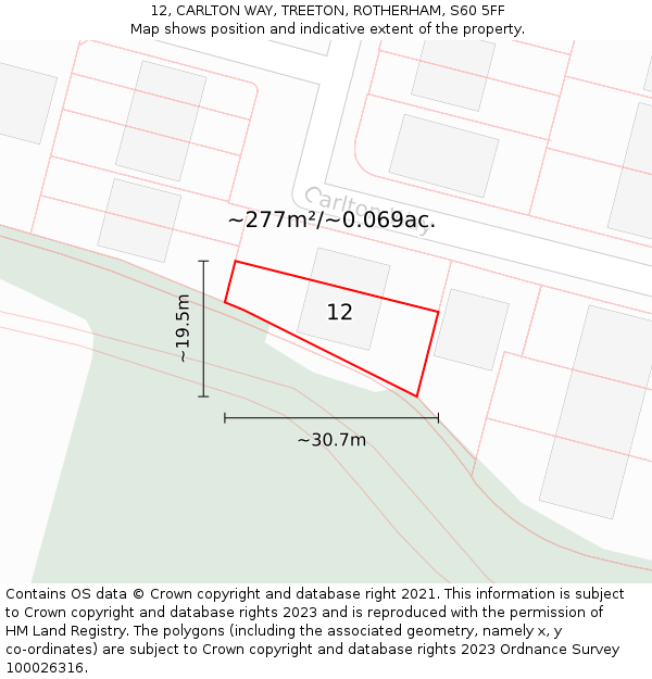 12, CARLTON WAY, TREETON, ROTHERHAM, S60 5FF: Plot and title map