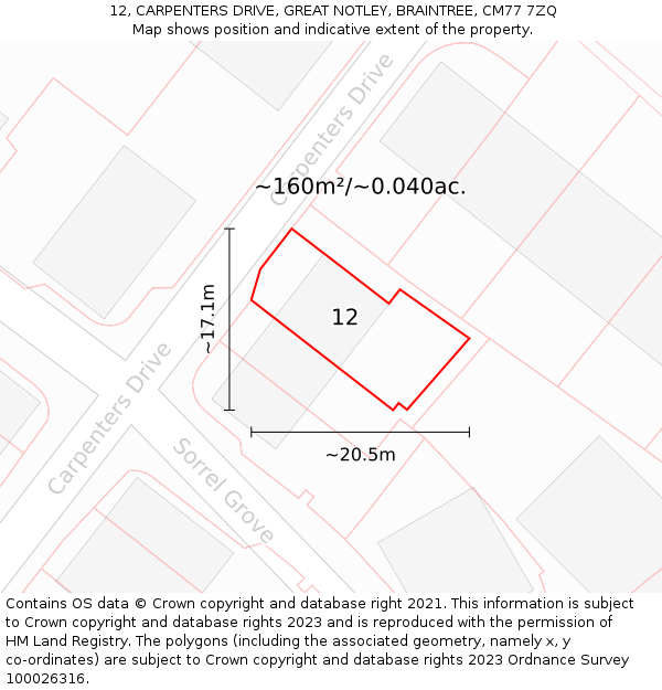 12, CARPENTERS DRIVE, GREAT NOTLEY, BRAINTREE, CM77 7ZQ: Plot and title map