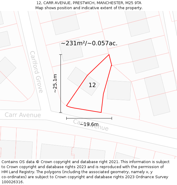 12, CARR AVENUE, PRESTWICH, MANCHESTER, M25 9TA: Plot and title map