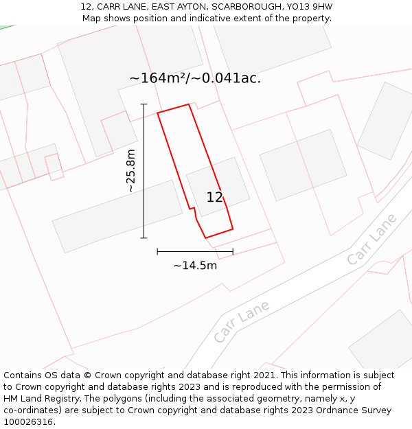 12, CARR LANE, EAST AYTON, SCARBOROUGH, YO13 9HW: Plot and title map