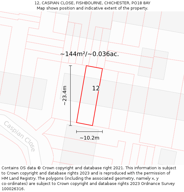 12, CASPIAN CLOSE, FISHBOURNE, CHICHESTER, PO18 8AY: Plot and title map