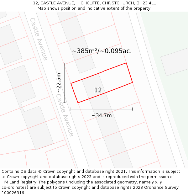 12, CASTLE AVENUE, HIGHCLIFFE, CHRISTCHURCH, BH23 4LL: Plot and title map