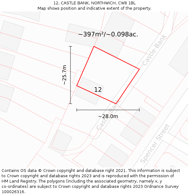 12, CASTLE BANK, NORTHWICH, CW8 1BL: Plot and title map