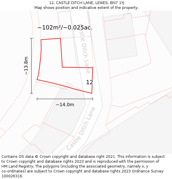 12, CASTLE DITCH LANE, LEWES, BN7 1YJ: Plot and title map