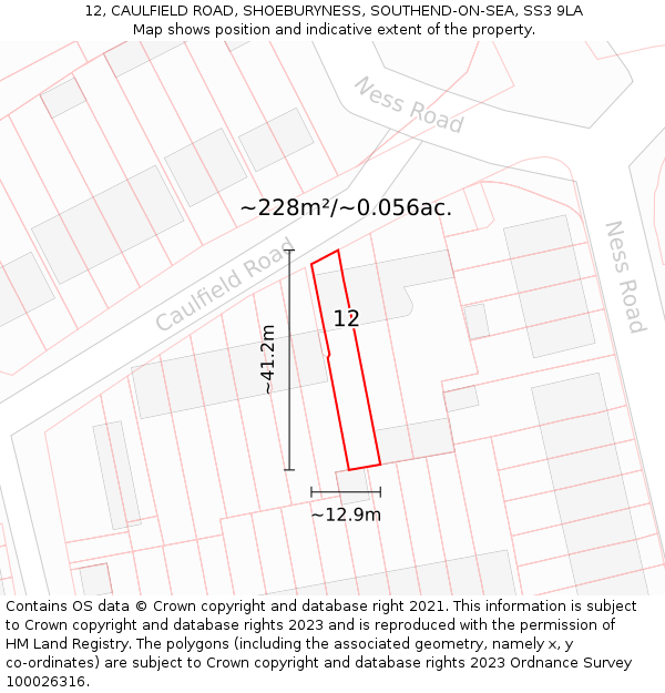 12, CAULFIELD ROAD, SHOEBURYNESS, SOUTHEND-ON-SEA, SS3 9LA: Plot and title map