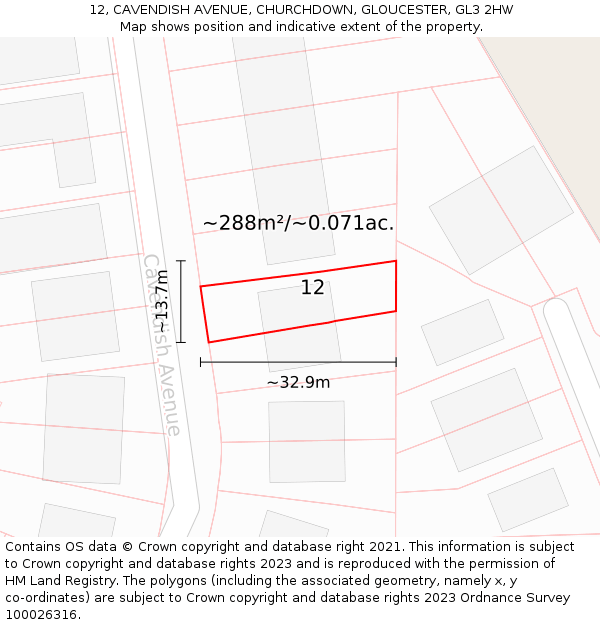 12, CAVENDISH AVENUE, CHURCHDOWN, GLOUCESTER, GL3 2HW: Plot and title map