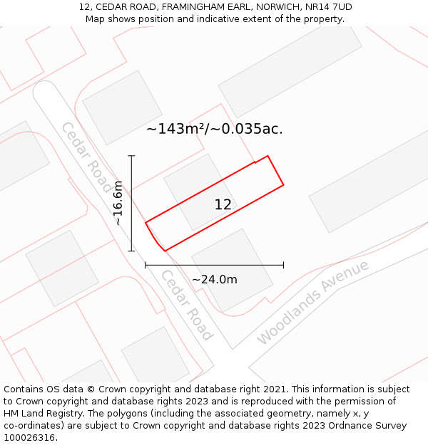 12, CEDAR ROAD, FRAMINGHAM EARL, NORWICH, NR14 7UD: Plot and title map