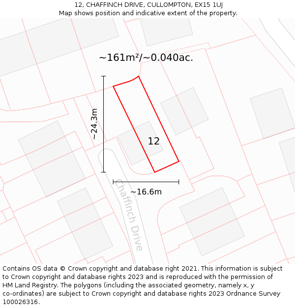 12, CHAFFINCH DRIVE, CULLOMPTON, EX15 1UJ: Plot and title map
