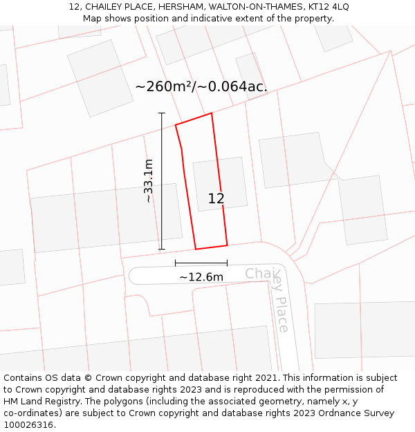 12, CHAILEY PLACE, HERSHAM, WALTON-ON-THAMES, KT12 4LQ: Plot and title map