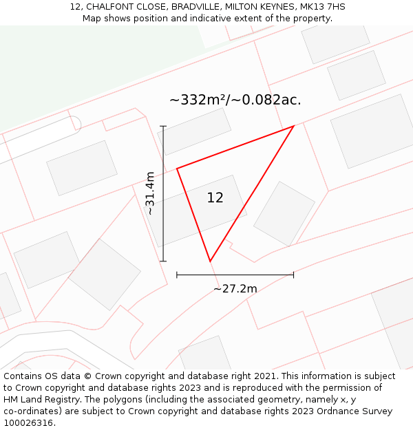 12, CHALFONT CLOSE, BRADVILLE, MILTON KEYNES, MK13 7HS: Plot and title map