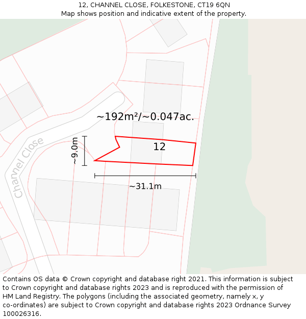 12, CHANNEL CLOSE, FOLKESTONE, CT19 6QN: Plot and title map