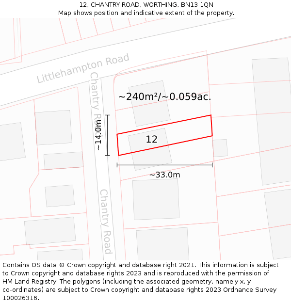 12, CHANTRY ROAD, WORTHING, BN13 1QN: Plot and title map