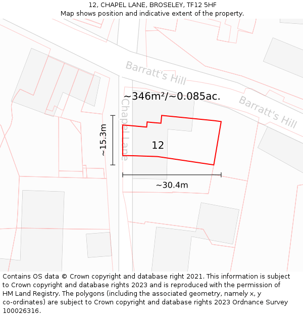 12, CHAPEL LANE, BROSELEY, TF12 5HF: Plot and title map