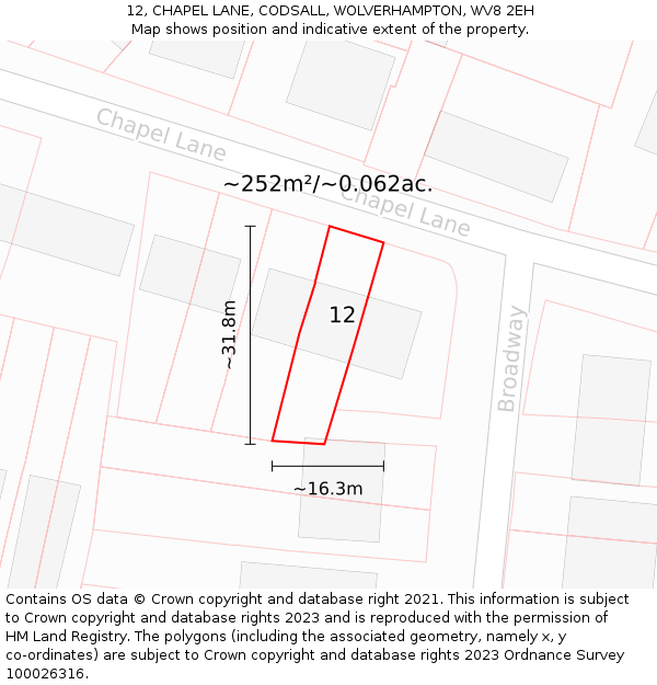 12, CHAPEL LANE, CODSALL, WOLVERHAMPTON, WV8 2EH: Plot and title map