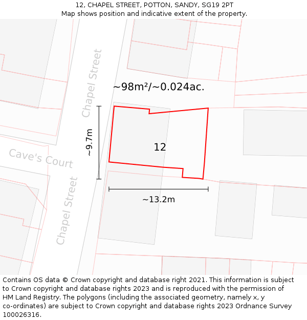 12, CHAPEL STREET, POTTON, SANDY, SG19 2PT: Plot and title map