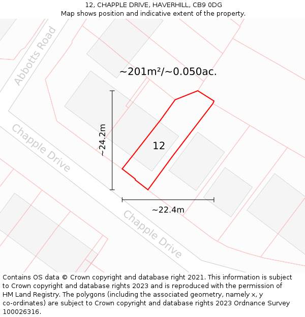 12, CHAPPLE DRIVE, HAVERHILL, CB9 0DG: Plot and title map