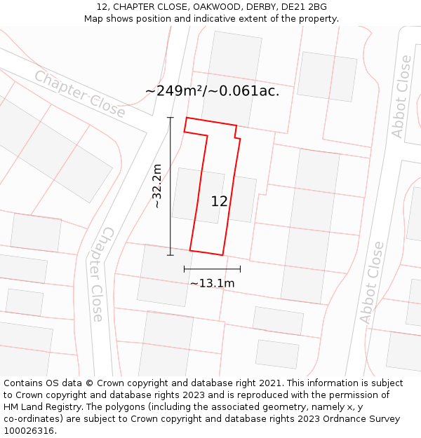 12, CHAPTER CLOSE, OAKWOOD, DERBY, DE21 2BG: Plot and title map