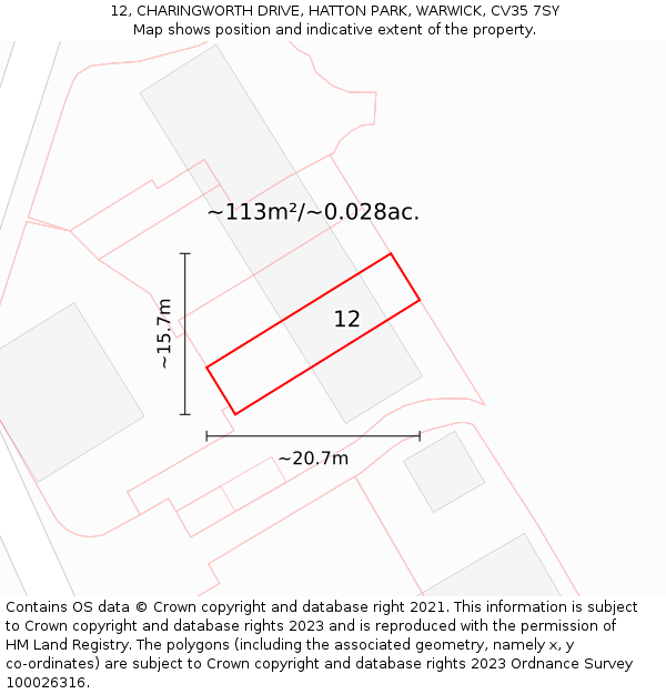 12, CHARINGWORTH DRIVE, HATTON PARK, WARWICK, CV35 7SY: Plot and title map