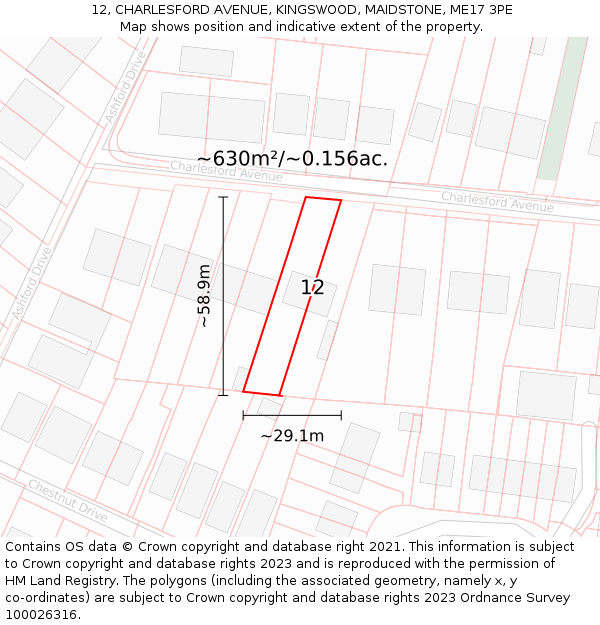 12, CHARLESFORD AVENUE, KINGSWOOD, MAIDSTONE, ME17 3PE: Plot and title map