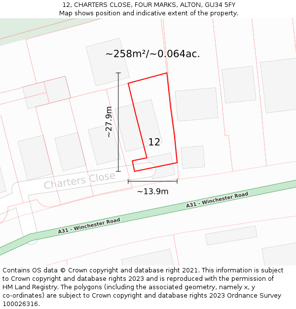 12, CHARTERS CLOSE, FOUR MARKS, ALTON, GU34 5FY: Plot and title map