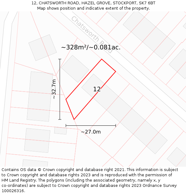 12, CHATSWORTH ROAD, HAZEL GROVE, STOCKPORT, SK7 6BT: Plot and title map