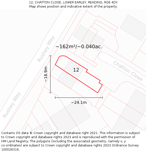 12, CHATTON CLOSE, LOWER EARLEY, READING, RG6 4DY: Plot and title map