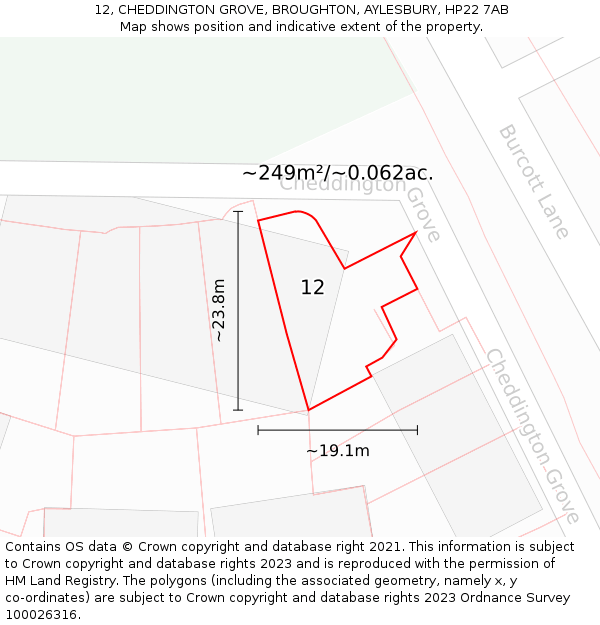 12, CHEDDINGTON GROVE, BROUGHTON, AYLESBURY, HP22 7AB: Plot and title map