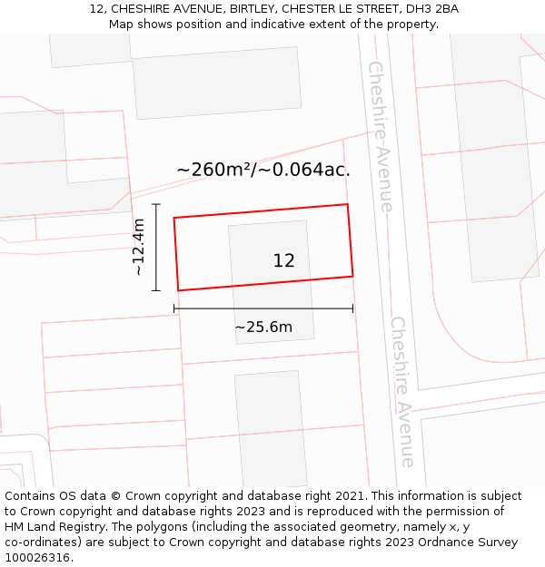 12, CHESHIRE AVENUE, BIRTLEY, CHESTER LE STREET, DH3 2BA: Plot and title map