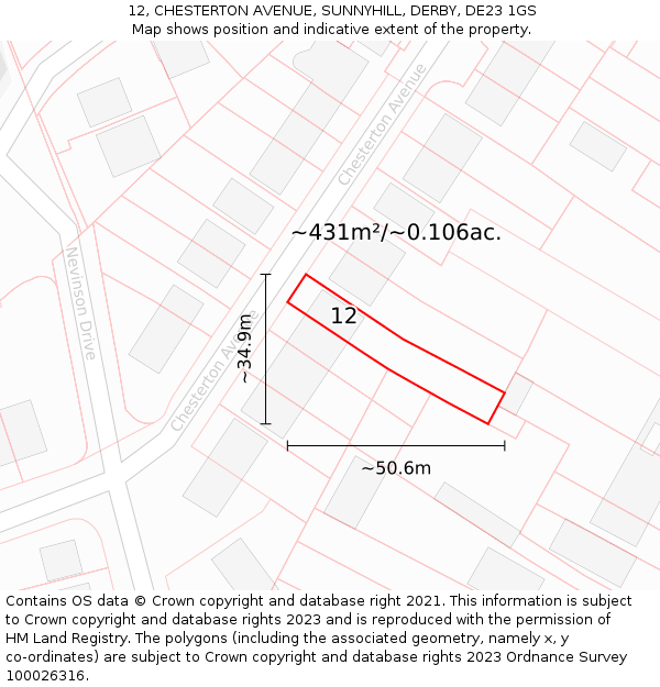 12, CHESTERTON AVENUE, SUNNYHILL, DERBY, DE23 1GS: Plot and title map