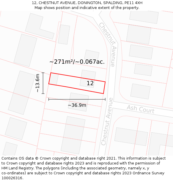 12, CHESTNUT AVENUE, DONINGTON, SPALDING, PE11 4XH: Plot and title map