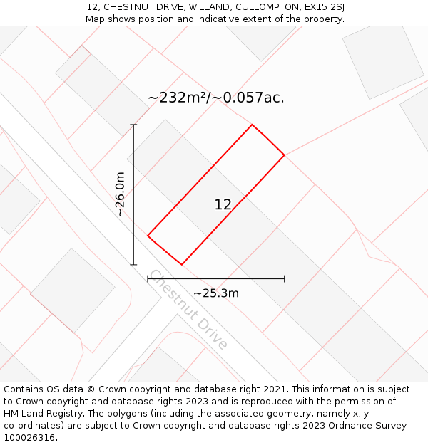 12, CHESTNUT DRIVE, WILLAND, CULLOMPTON, EX15 2SJ: Plot and title map