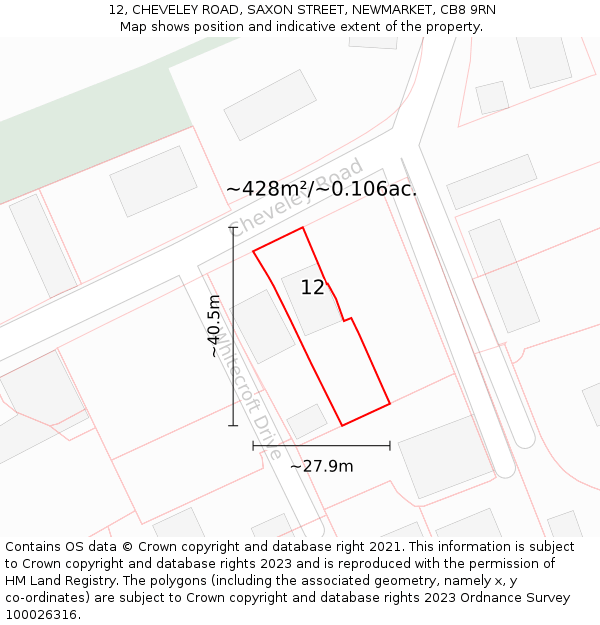 12, CHEVELEY ROAD, SAXON STREET, NEWMARKET, CB8 9RN: Plot and title map