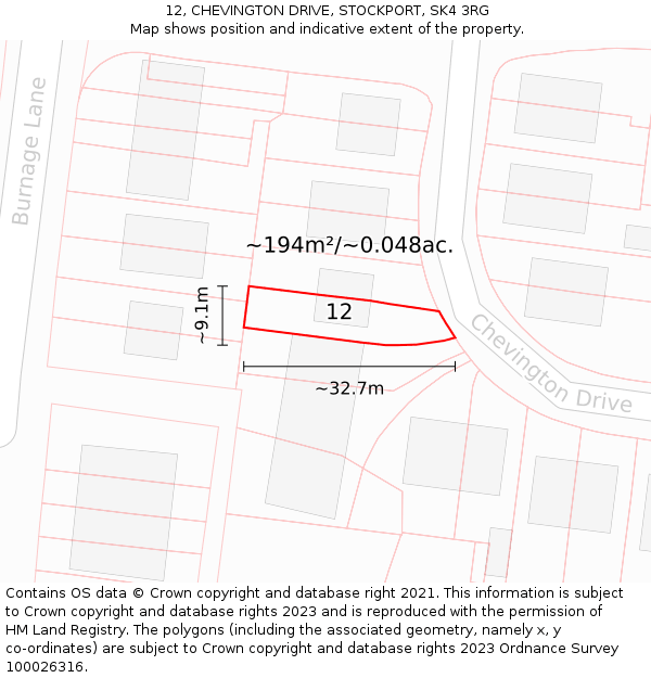 12, CHEVINGTON DRIVE, STOCKPORT, SK4 3RG: Plot and title map