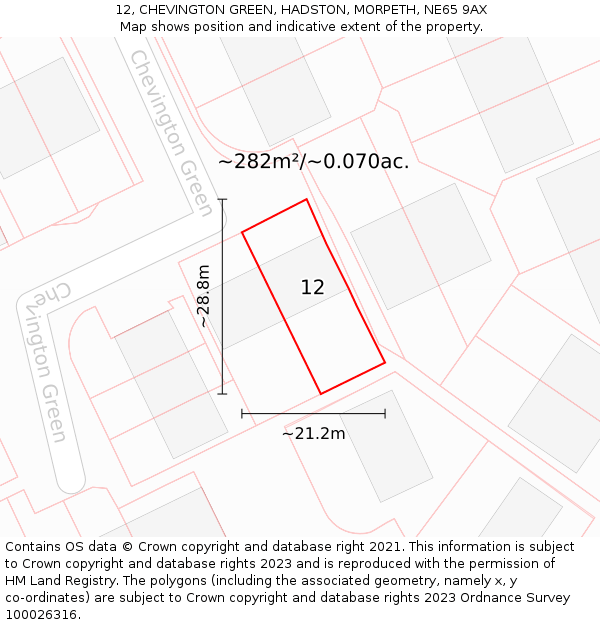 12, CHEVINGTON GREEN, HADSTON, MORPETH, NE65 9AX: Plot and title map