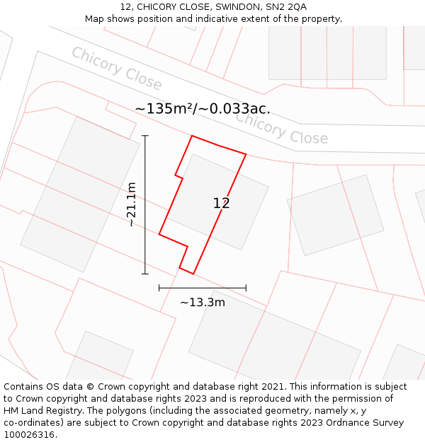 12, CHICORY CLOSE, SWINDON, SN2 2QA: Plot and title map