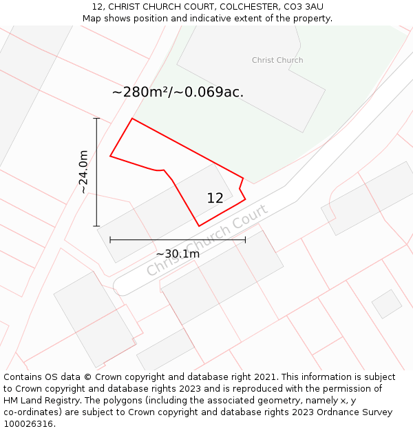 12, CHRIST CHURCH COURT, COLCHESTER, CO3 3AU: Plot and title map