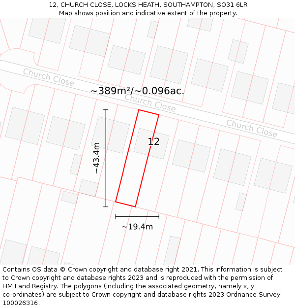 12, CHURCH CLOSE, LOCKS HEATH, SOUTHAMPTON, SO31 6LR: Plot and title map