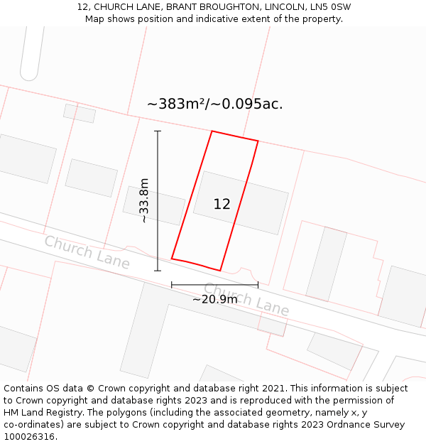 12, CHURCH LANE, BRANT BROUGHTON, LINCOLN, LN5 0SW: Plot and title map