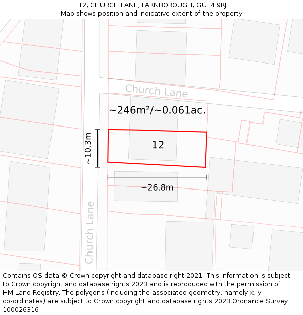 12, CHURCH LANE, FARNBOROUGH, GU14 9RJ: Plot and title map