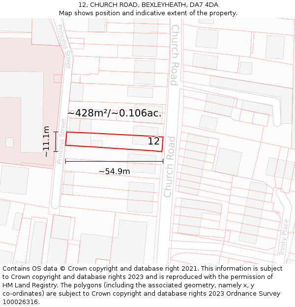 12, CHURCH ROAD, BEXLEYHEATH, DA7 4DA: Plot and title map