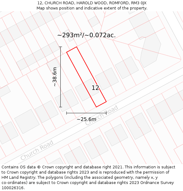 12, CHURCH ROAD, HAROLD WOOD, ROMFORD, RM3 0JX: Plot and title map